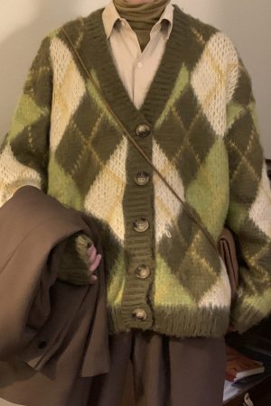 Casual Day Outfits, Easy Trendy Outfits Warm Vibes Green Argyle Cardigan Sweater