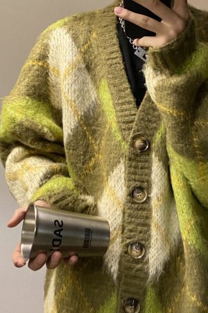 Casual Day Outfits, Easy Trendy Outfits Warm Vibes Green Argyle Cardigan Sweater