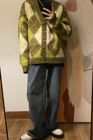Casual Day Outfits, Easy Trendy Outfits Warm Vibes Green Argyle Cardigan Sweater