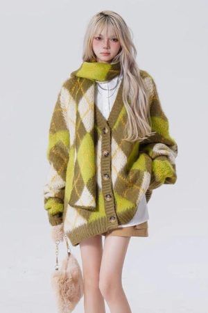 Casual Day Outfits, Easy Trendy Outfits Warm Vibes Green Argyle Cardigan Sweater