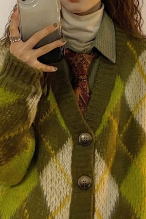 Casual Day Outfits, Easy Trendy Outfits Warm Vibes Green Argyle Cardigan Sweater