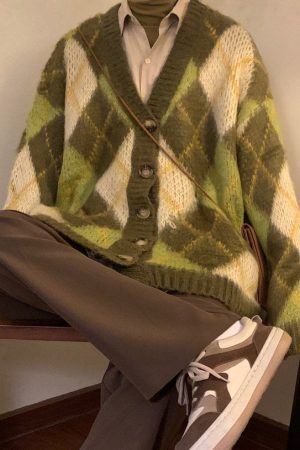 Casual Day Outfits, Easy Trendy Outfits Warm Vibes Green Argyle Cardigan Sweater