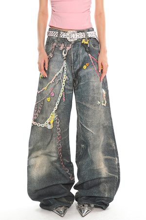 Casual Day Outfits, Easy Trendy Outfits Y2K Printed Chain & Charm Baggy Jeans