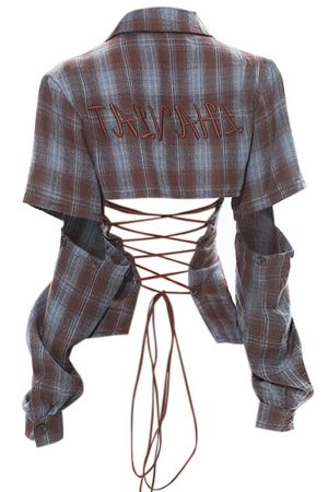 Casual Day Outfits, Easy Trendy Outfits Y2K Western Lace-Up Backless Plaid Shirt