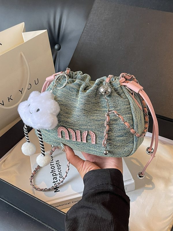 Casual Denim Bucket Bag for Women - Trendy Drawstring Shoulder Bag, Versatile Summer 2025 Style