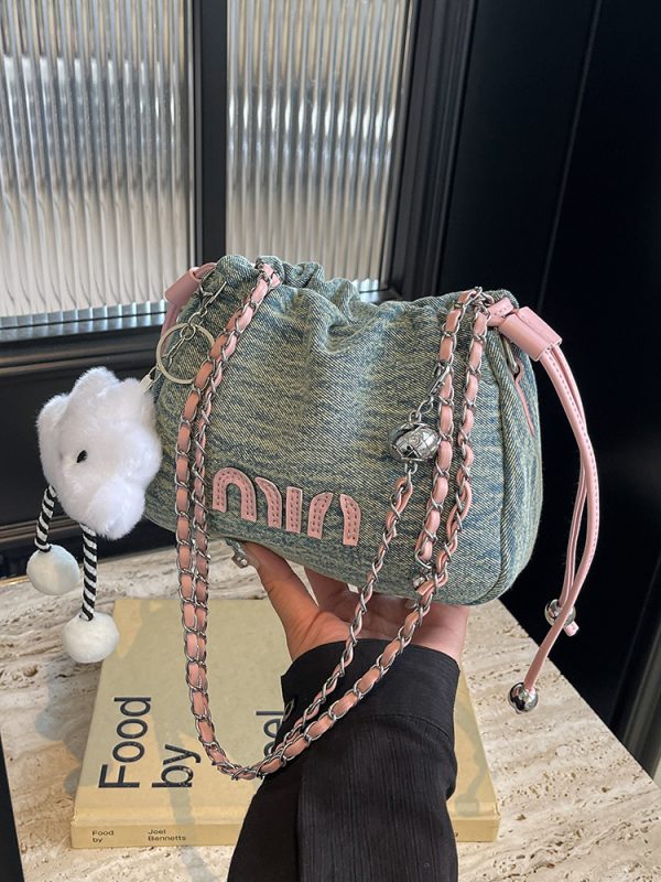 Casual Denim Bucket Bag for Women - Trendy Drawstring Shoulder Bag, Versatile Summer 2025 Style