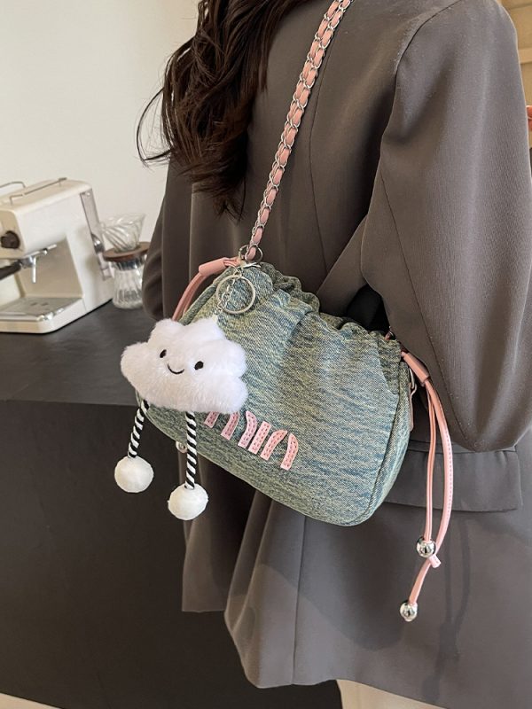 Casual Denim Bucket Bag for Women - Trendy Drawstring Shoulder Bag, Versatile Summer 2025 Style