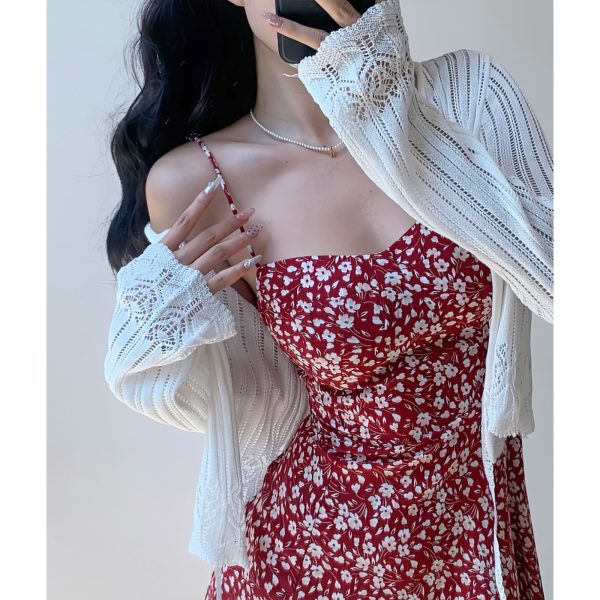 Casual Lace-Up Hollow V-Neck Bell Sleeve Knitted Cardigan for Women - French Style Sun Protection Layering Piece