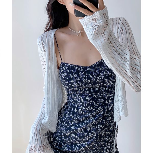 Casual Lace-Up Hollow V-Neck Bell Sleeve Knitted Cardigan for Women - French Style Sun Protection Layering Piece