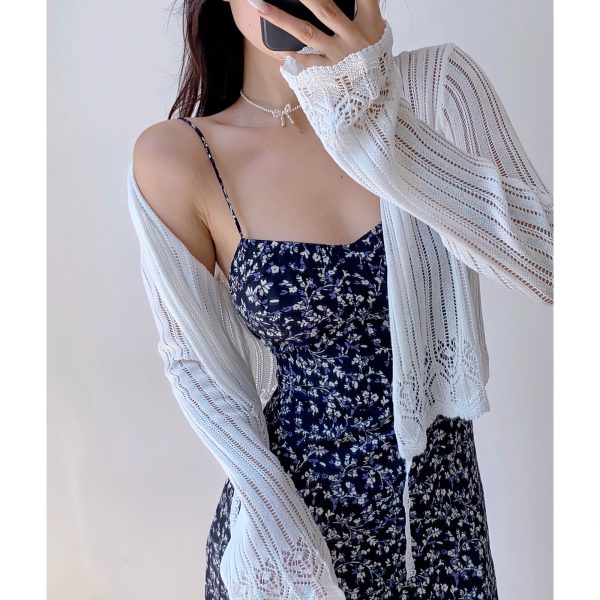 Casual Lace-Up Hollow V-Neck Bell Sleeve Knitted Cardigan for Women - French Style Sun Protection Layering Piece