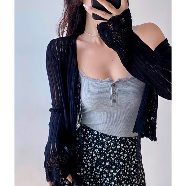 Casual Lace-Up Hollow V-Neck Bell Sleeve Knitted Cardigan for Women - French Style Sun Protection Layering Piece