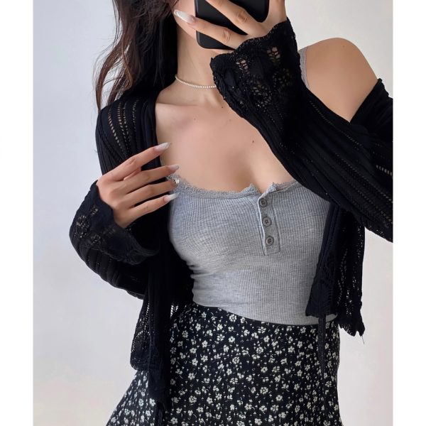 Casual Lace-Up Hollow V-Neck Bell Sleeve Knitted Cardigan for Women - French Style Sun Protection Layering Piece