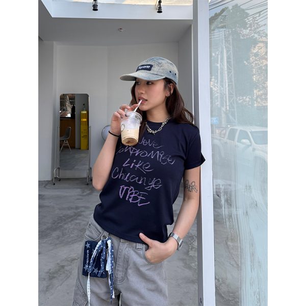 Casual Letter Print Short Sleeve T-Shirt for Women - Versatile Round Neck Summer Top in Spicy Girl Style, Korean Fashion