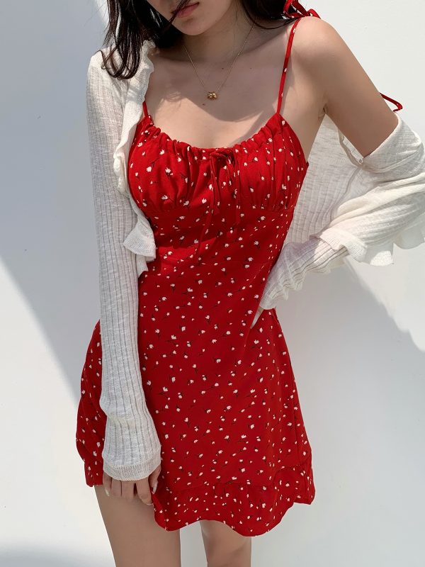 Casual Red Floral Mini Dress with Drawstring Tie Straps - French Country Style, Slim Fit, Perfect for 90s and Y2K Fashion Lovers
