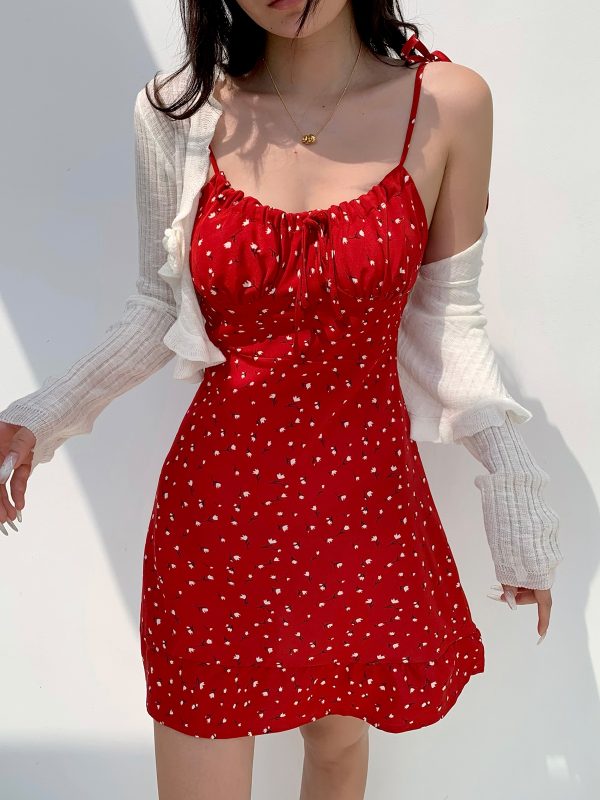 Casual Red Floral Mini Dress with Drawstring Tie Straps - French Country Style, Slim Fit, Perfect for 90s and Y2K Fashion Lovers