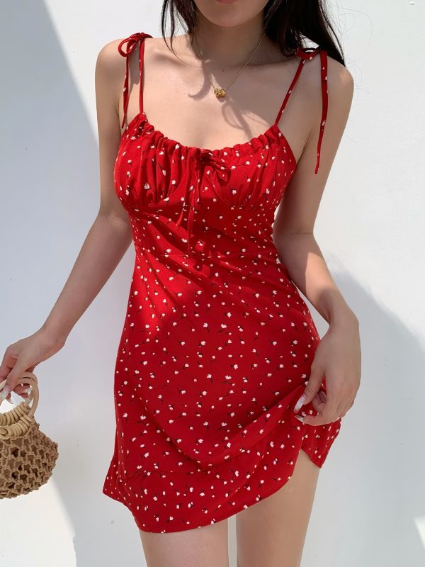 Casual Red Floral Mini Dress with Drawstring Tie Straps - French Country Style, Slim Fit, Perfect for 90s and Y2K Fashion Lovers