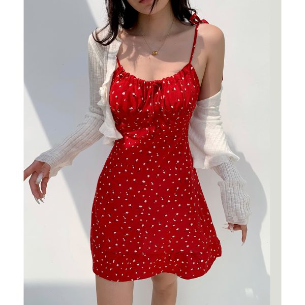 Casual Red Floral Mini Dress with Drawstring Tie Straps - French Country Style, Slim Fit, Perfect for 90s and Y2K Fashion Lovers