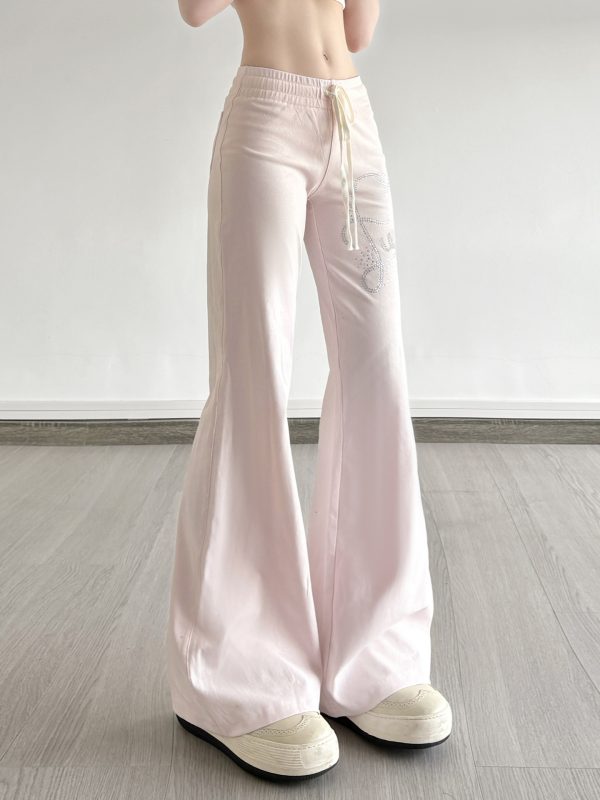 Casual Rhinestone Elastic Waist Drawstring Pants for Women - Versatile Low Waist Slightly Flared Slim Long Trousers, Y2K Style