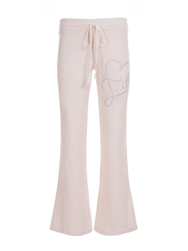 Casual Rhinestone Elastic Waist Drawstring Pants for Women - Versatile Low Waist Slightly Flared Slim Long Trousers, Y2K Style