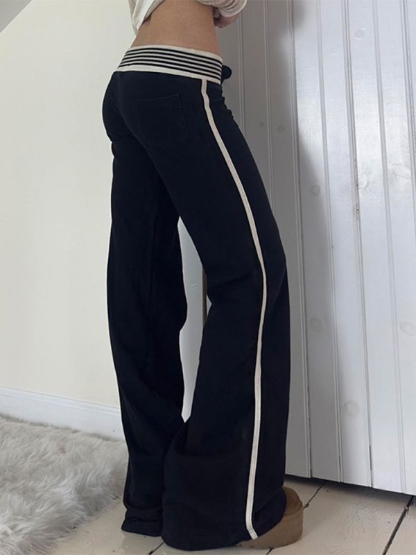 Casual Striped Waistband Digital Print Pants for Women - Low Waist Slim Fit Straight Leg Knit Trousers, American Street Style