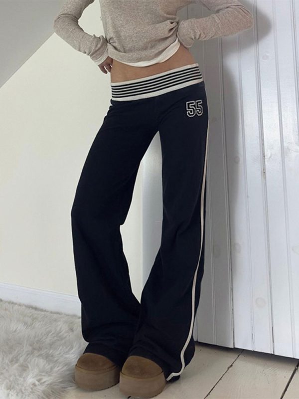 Casual Striped Waistband Digital Print Pants for Women - Low Waist Slim Fit Straight Leg Knit Trousers, American Street Style