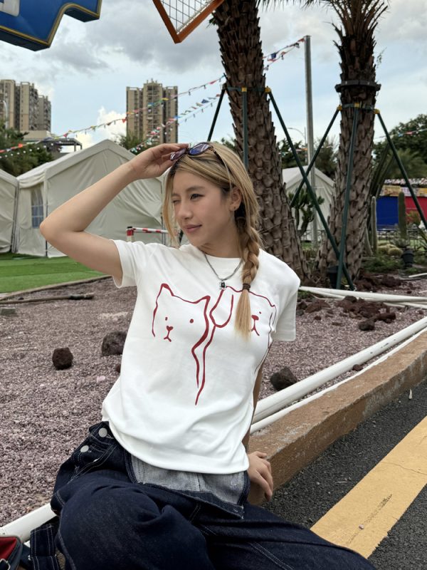 Casual Summer Cartoon Graphic T-Shirt for Women - American Style Straight Shoulder, Round Neck, Slightly Loose Short Sleeves