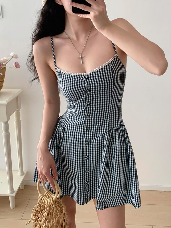 Casual V-Neck Black and White Plaid Waist-Defined Sling Dress - French Retro Sweet Girl Style for Vacation and Summer