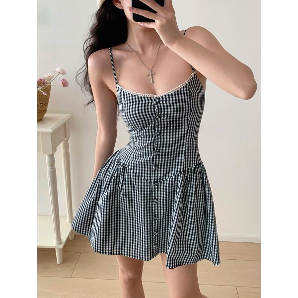 Casual V-Neck Black and White Plaid Waist-Defined Sling Dress - French Retro Sweet Girl Style for Vacation and Summer