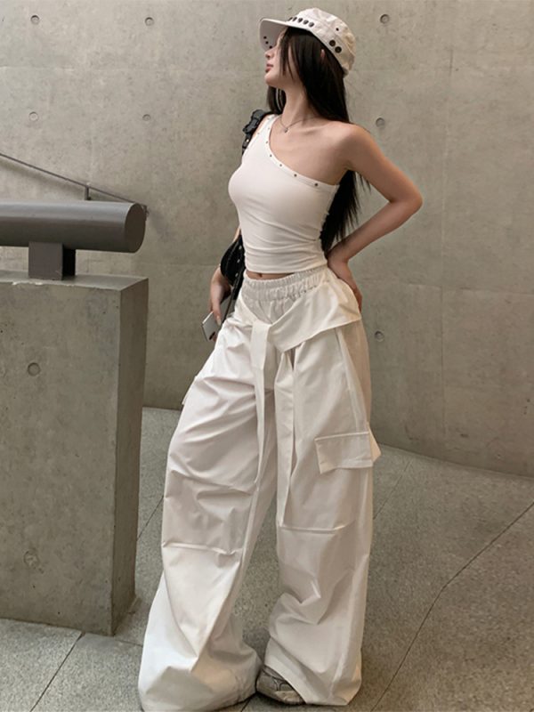 Casual Wide-Leg Cargo Pants for Women - Drawstring Elastic Waist, Trendy Sports Style, Loose Fit Dance Trousers