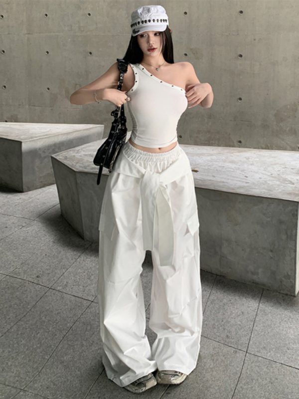 Casual Wide-Leg Cargo Pants for Women - Drawstring Elastic Waist, Trendy Sports Style, Loose Fit Dance Trousers