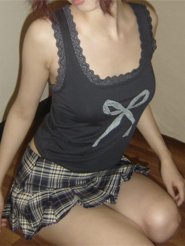 Charcoal Gray Lace Splicing Bow Slim Fit Camisole Top - 2025 Summer American Cute Style for Effortless Chic Looks
