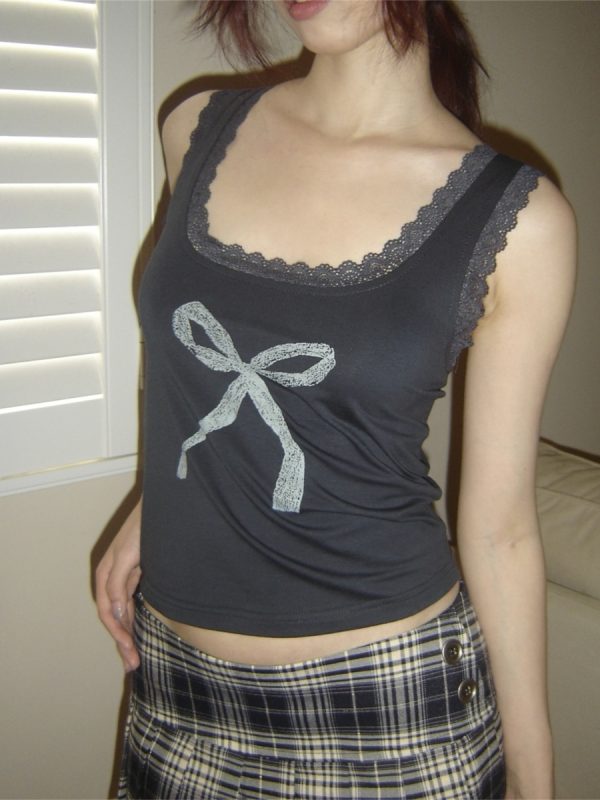 Charcoal Gray Lace Splicing Bow Slim Fit Camisole Top - 2025 Summer American Cute Style for Effortless Chic Looks