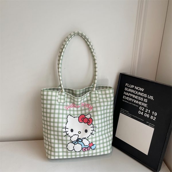 Checkered Canvas Tote Bag for Summer 2025 - Cute Cat Design, Large Capacity, Lightweight, Versatile Handheld Shoulder Bag