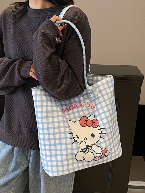 Checkered Canvas Tote Bag for Summer 2025 - Cute Cat Design, Large Capacity, Lightweight, Versatile Handheld Shoulder Bag