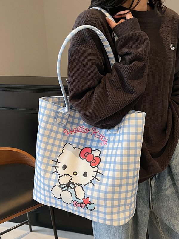 Checkered Canvas Tote Bag for Summer 2025 - Cute Cat Design, Large Capacity, Lightweight, Versatile Handheld Shoulder Bag