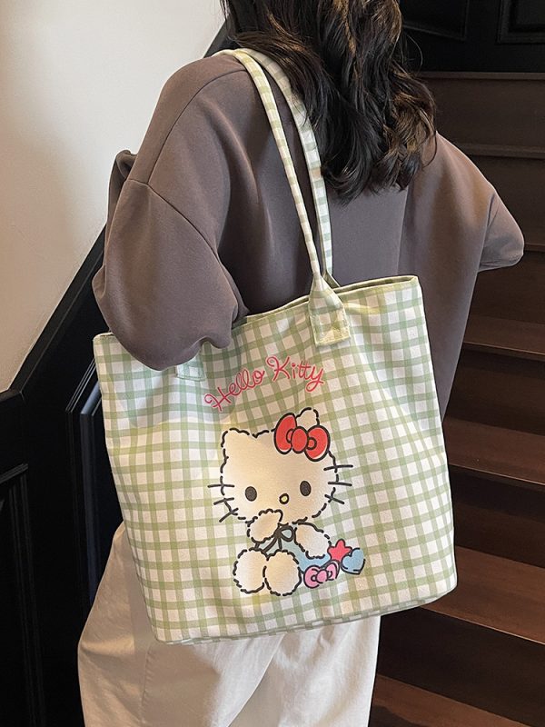 Checkered Canvas Tote Bag for Summer 2025 - Cute Cat Design, Large Capacity, Lightweight, Versatile Handheld Shoulder Bag