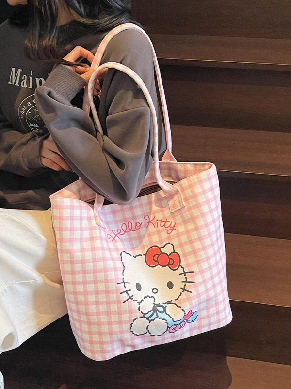 Checkered Canvas Tote Bag for Summer 2025 - Cute Cat Design, Large Capacity, Lightweight, Versatile Handheld Shoulder Bag