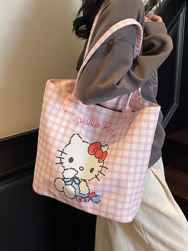 Checkered Canvas Tote Bag for Summer 2025 - Cute Cat Design, Large Capacity, Lightweight, Versatile Handheld Shoulder Bag
