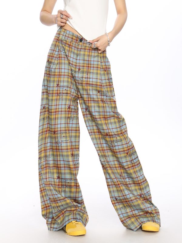 Checkered Color-Blocking Wide-Leg Pants for Women - Casual Summer Striped Draped Trousers, Versatile Y2K Fashion