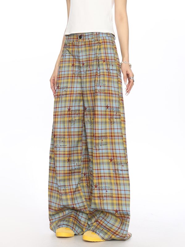 Checkered Color-Blocking Wide-Leg Pants for Women - Casual Summer Striped Draped Trousers, Versatile Y2K Fashion