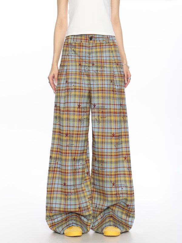 Checkered Color-Blocking Wide-Leg Pants for Women - Casual Summer Striped Draped Trousers, Versatile Y2K Fashion