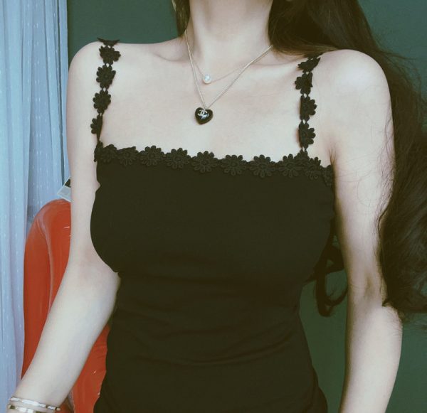 Chenopod Flower Shoulder Strap Black Camisole Dress - 2024 Spring/Summer French Lace Square Neck Vacation Dress for Hot Girls