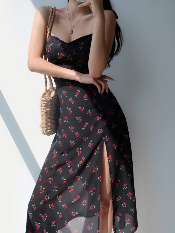 Cherry Floral Spaghetti Strap Dress - Sexy Tie Waist, Slim Fit, Side Slit, Knee-Length - European American Style, Perfect for Summer