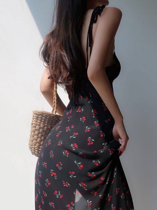 Cherry Floral Spaghetti Strap Dress - Sexy Tie Waist, Slim Fit, Side Slit, Knee-Length - European American Style, Perfect for Summer