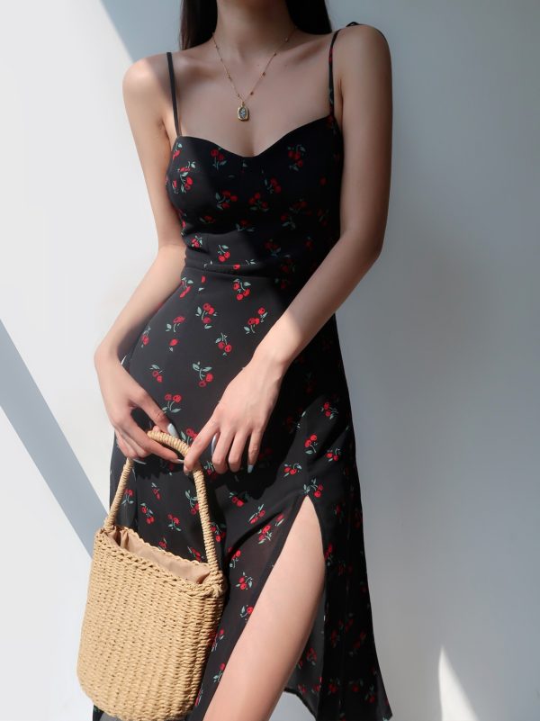 Cherry Floral Spaghetti Strap Dress - Sexy Tie Waist, Slim Fit, Side Slit, Knee-Length - European American Style, Perfect for Summer