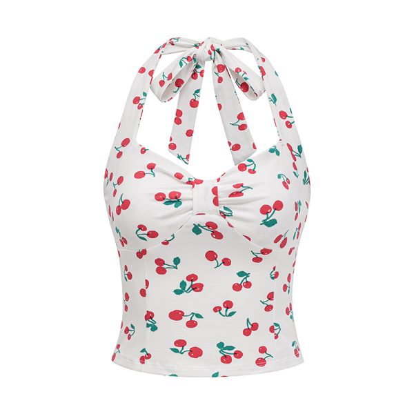 Cherry Print Bow Tie Halter Top - Women's Slim Fit Camisole - Summer European American Style - Trendy Y2K Fashion