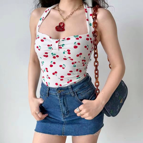 Cherry Print Bow Tie Halter Top - Women's Slim Fit Camisole - Summer European American Style - Trendy Y2K Fashion
