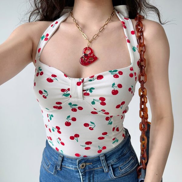 Cherry Print Bow Tie Halter Top - Women's Slim Fit Camisole - Summer European American Style - Trendy Y2K Fashion