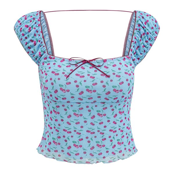 Cherry Print Puff Sleeve Square Neck T-shirt for Women - Slim Fit Backless Hot Girl Style, European & American Fashion