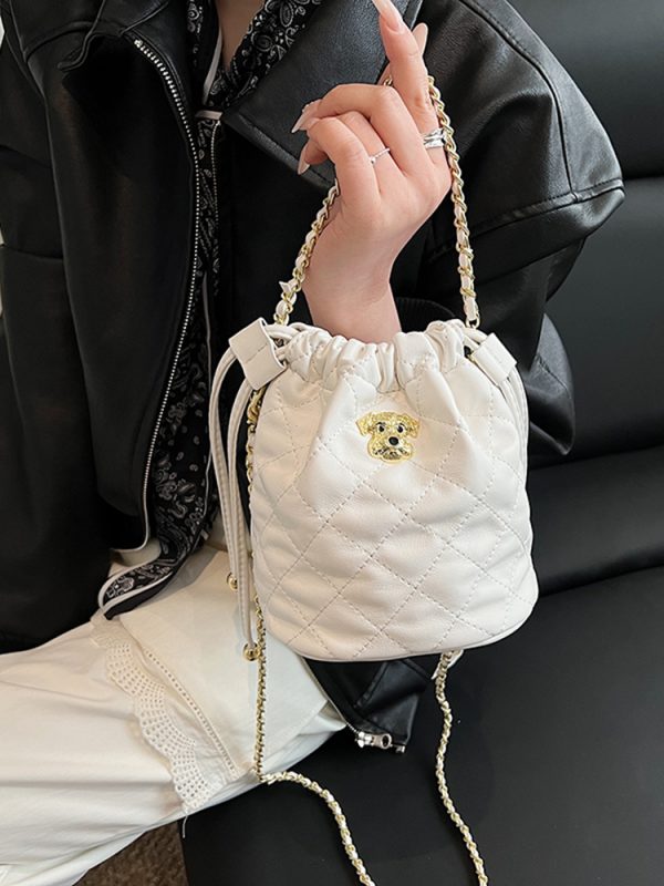 Chic 2025 Small Diamond-Pattern Drawstring Bucket Bag for Women - Fashionable Chain Shoulder Crossbody Bag